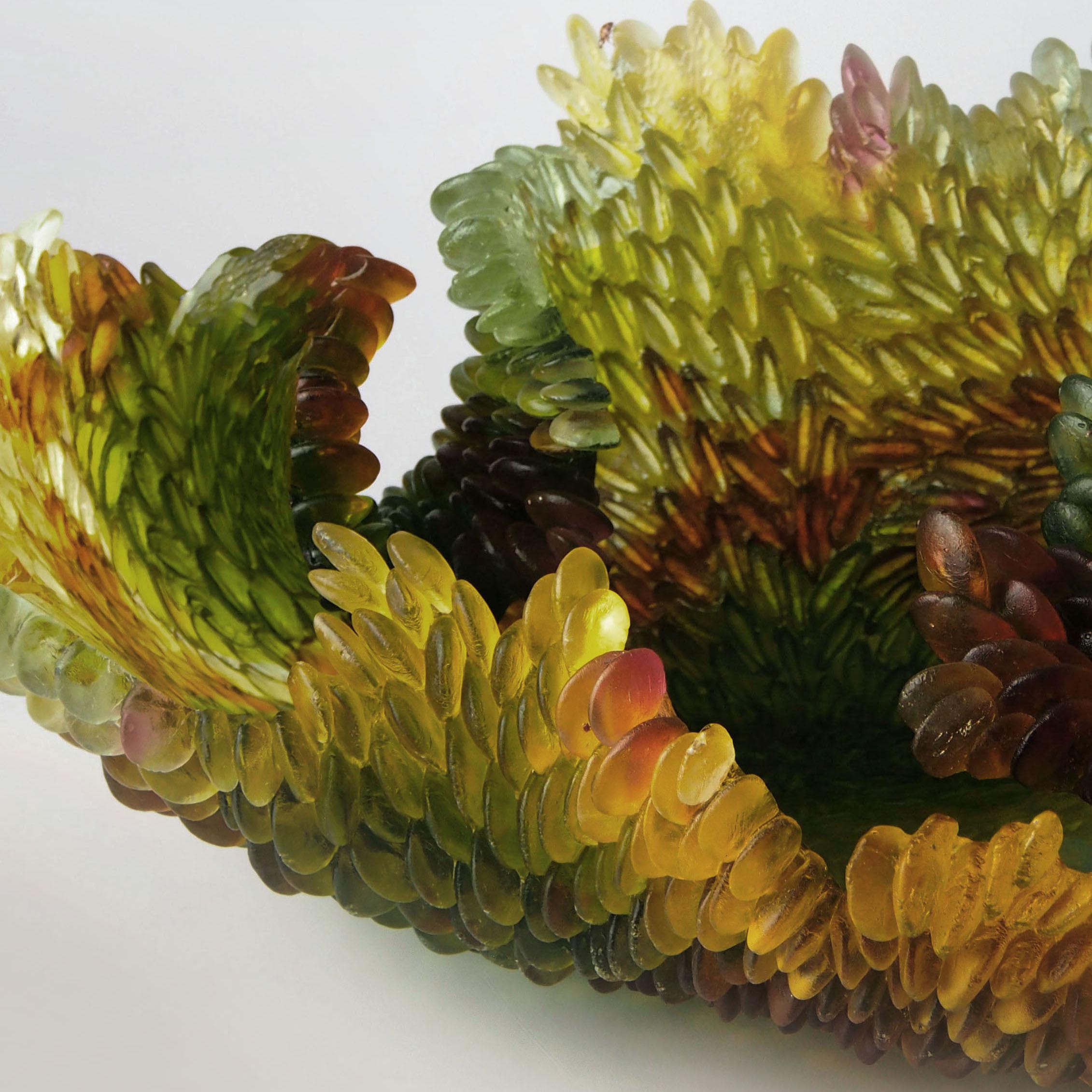 Contemporary Autumn Leaf, a Glass Sculpture in Amber, Green and Yellow by Nina Casson McGarva