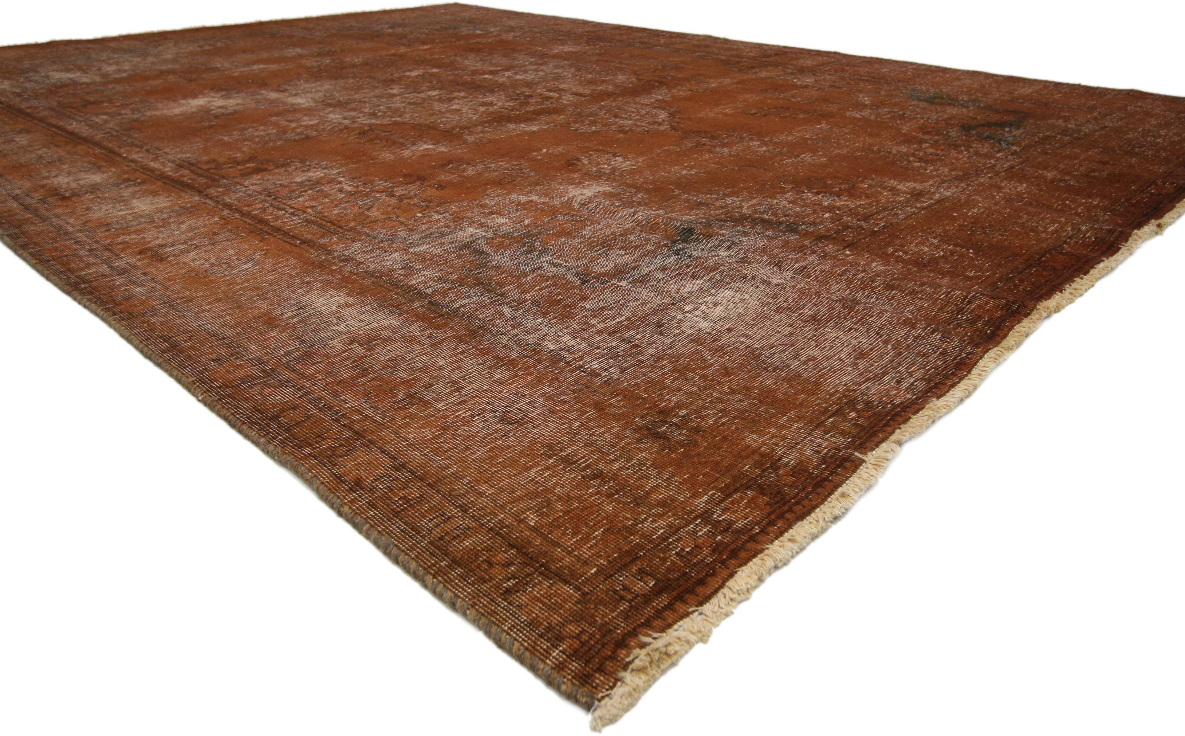 60691 Autumn Maple Distressed Vintage Turkish Rug with Rustic Industrial Luxe Style. Defined, dazzling and raw combined with luxe utilitarian appeal, this distressed overdyed vintage Turkish rug goes beyond the boundaries of design with historical