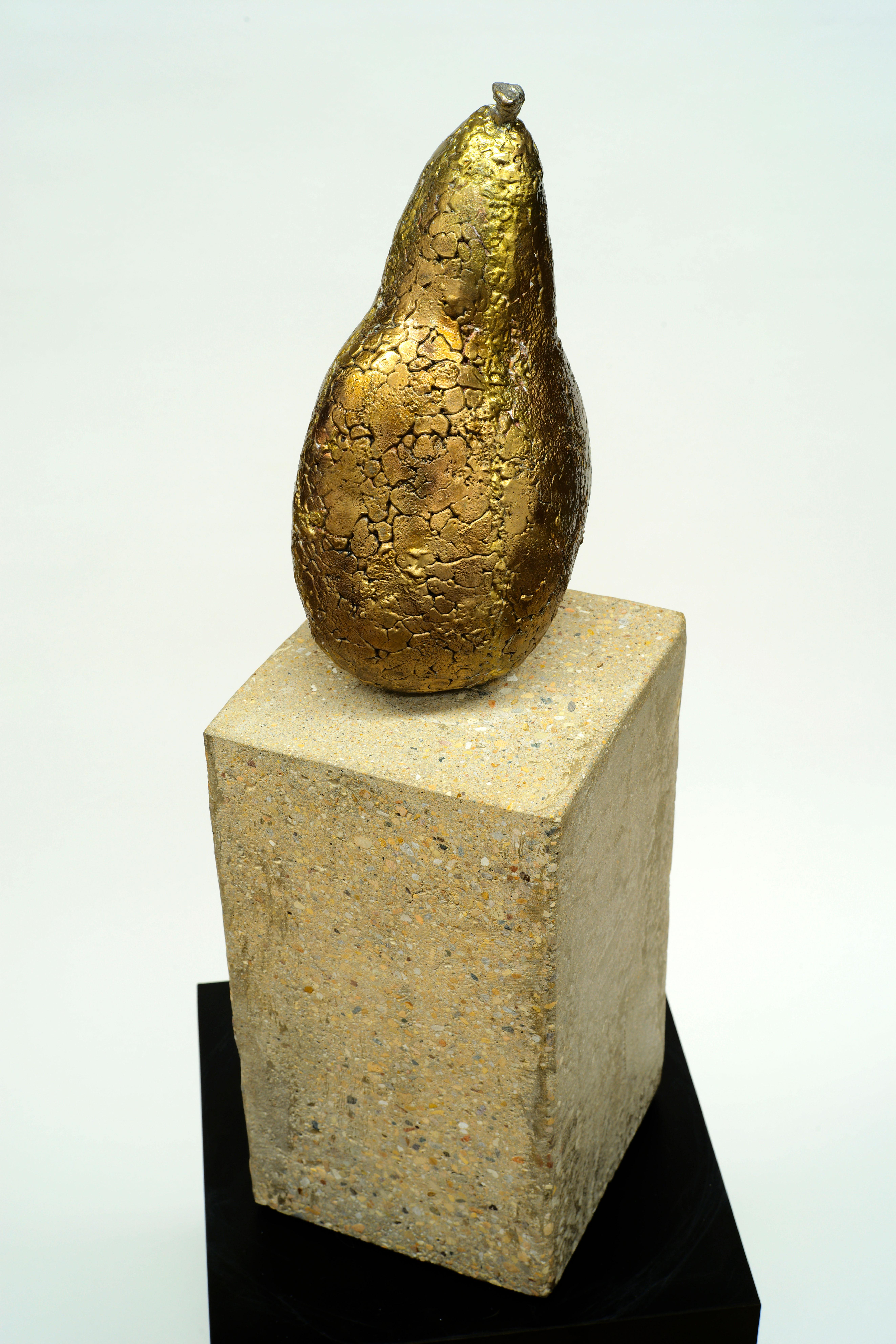 Modern Autumn Pear, Bronze Sculpture with Textured Golden Surface on Concrete Base For Sale