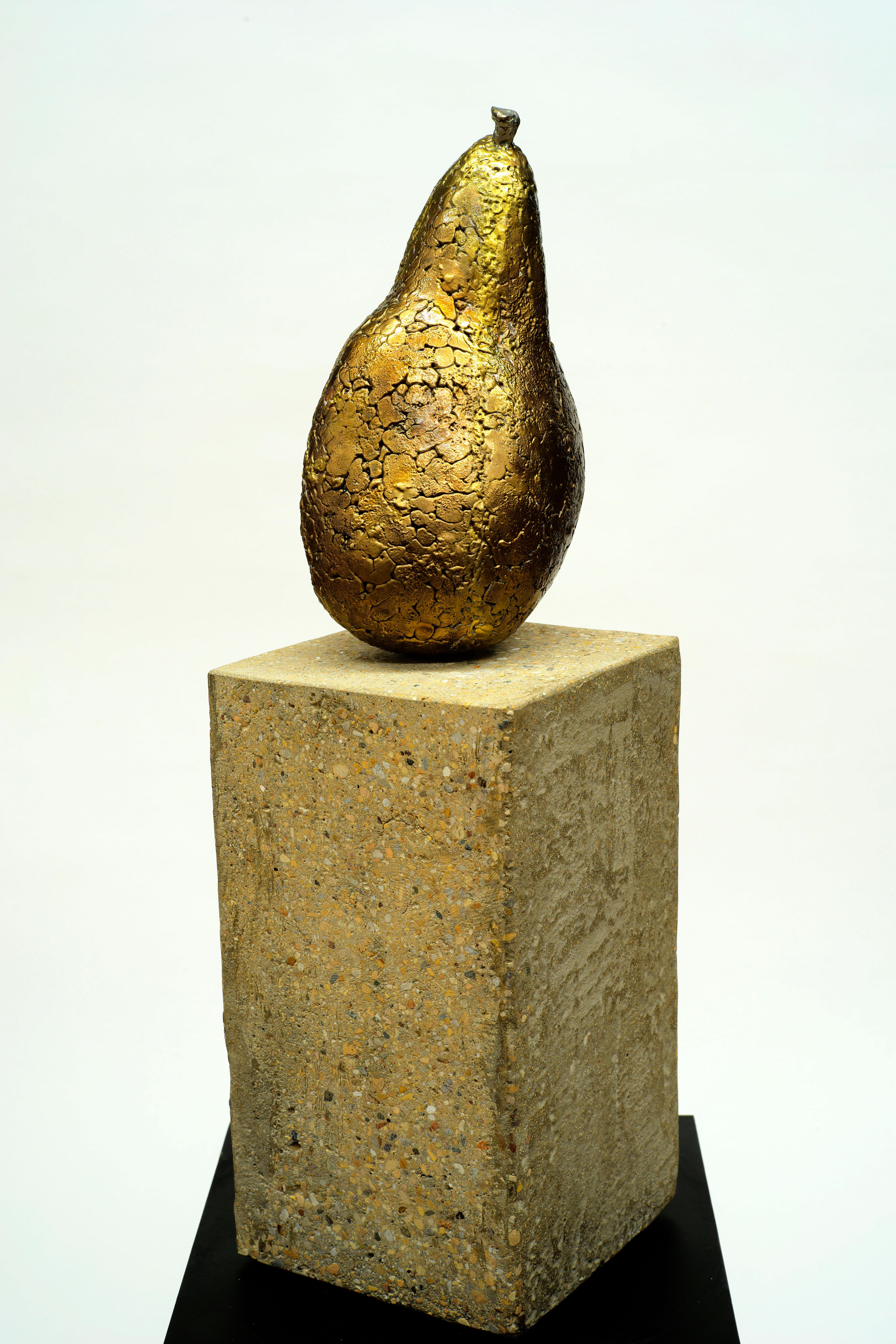 Hand-Crafted Autumn Pear, Bronze Sculpture with Textured Golden Surface on Concrete Base For Sale