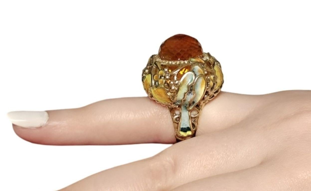Artist Cocktail Ring 18K Yellow Gold Madeira Citrine Gemstone Sapphires & Hot Enamel For Sale