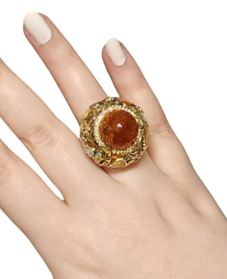 Briolette Cut Cocktail Ring 18K Yellow Gold Madeira Citrine Gemstone Sapphires & Hot Enamel For Sale