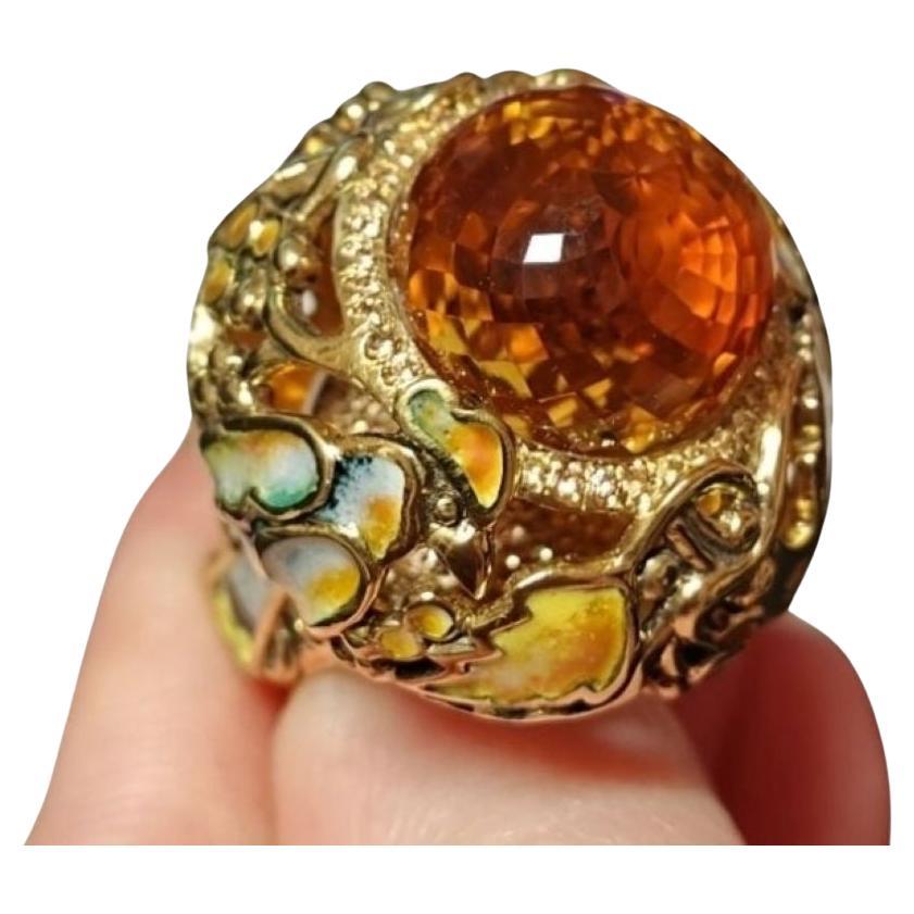 Cocktail Ring 18K Yellow Gold Madeira Citrine Gemstone Sapphires & Hot Enamel For Sale