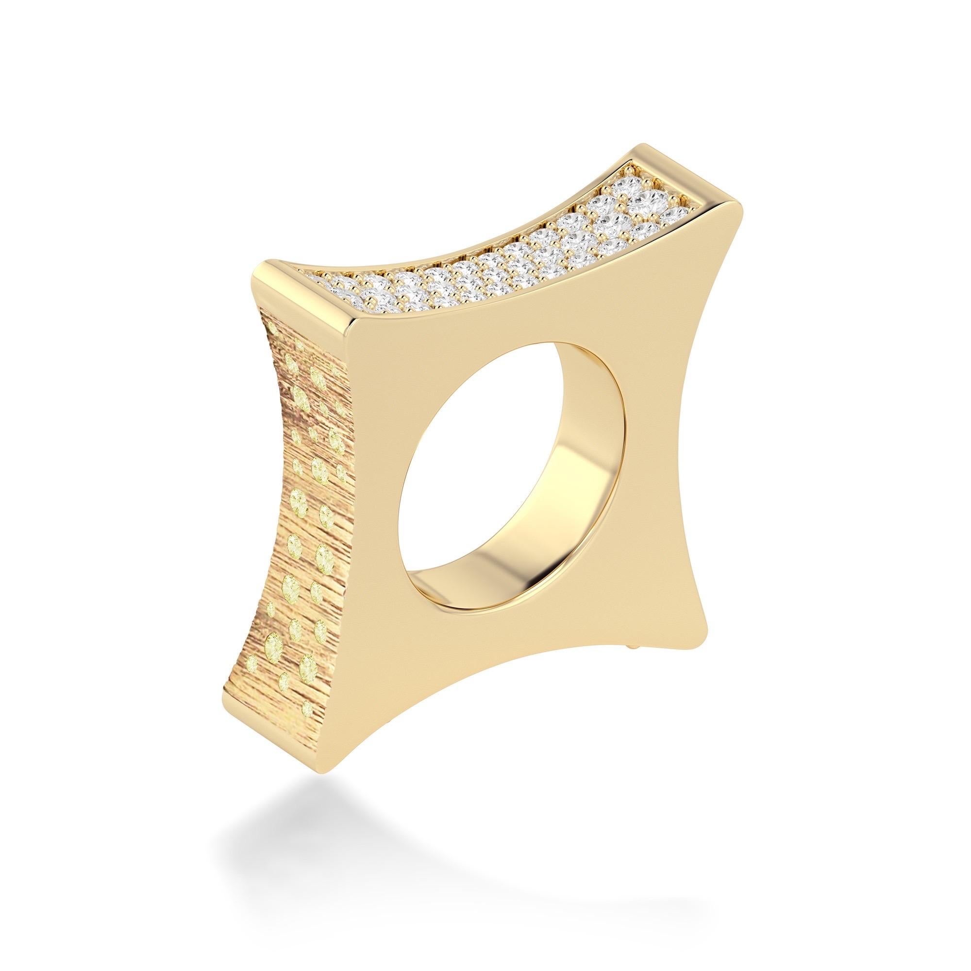 Ruben Manuel Designs “Autumn” Ring. 18K YG four sided ring. Set w/VS white and color diamonds (yellow, orange, champagne, brown).  Side one: VS white pave.  Side two:  Yellow diamonds set in distinctive “bark”texture.  Side 3:  Champagne, light
