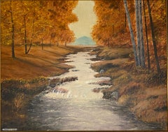 Autumn River Landscape Oil Painting by A. Klosner, Framed Mid-Century Impression