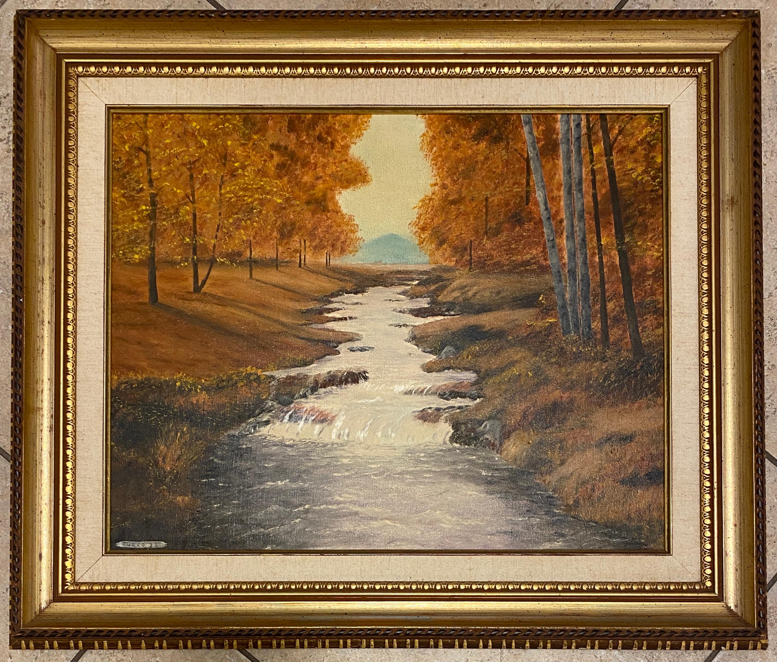 Classique américain Peinture à l'huile d'A. Klosner représentant un paysage de rivière en automne, encadrée Impression du milieu du siècle en vente