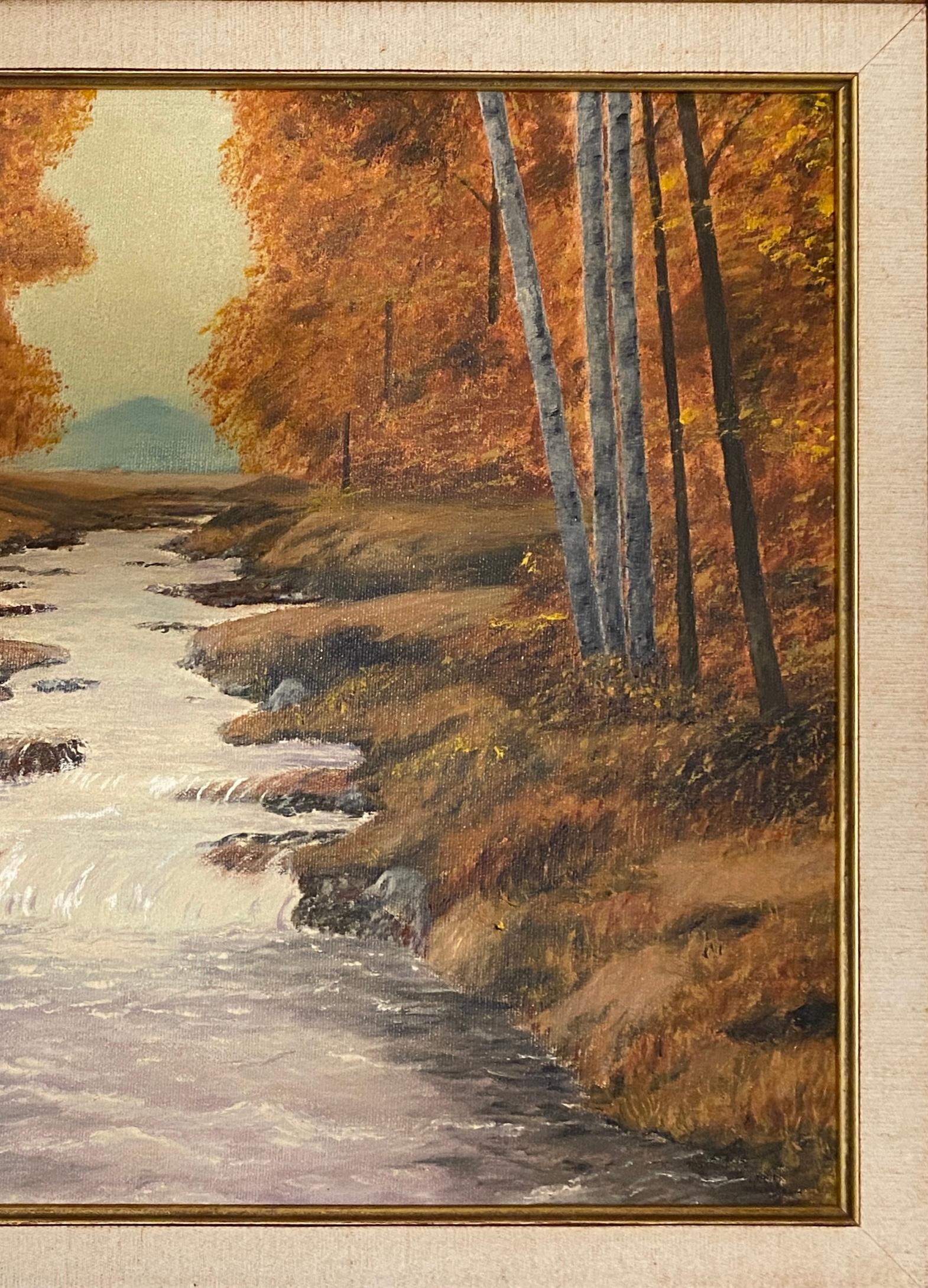 Peinture à l'huile d'A. Klosner représentant un paysage de rivière en automne, encadrée Impression du milieu du siècle Bon état - En vente à Miami, FL