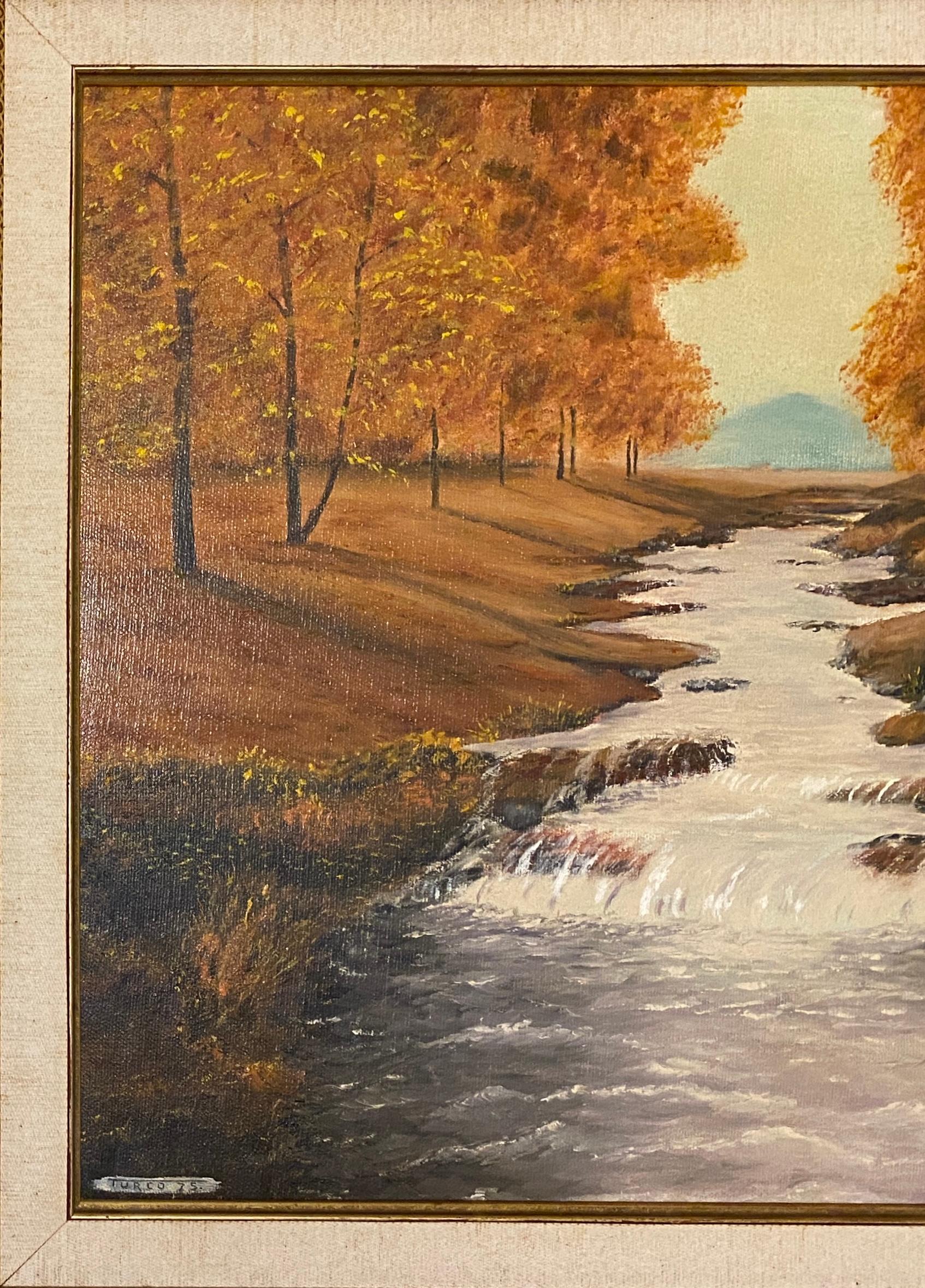 20ième siècle Peinture à l'huile d'A. Klosner représentant un paysage de rivière en automne, encadrée Impression du milieu du siècle en vente