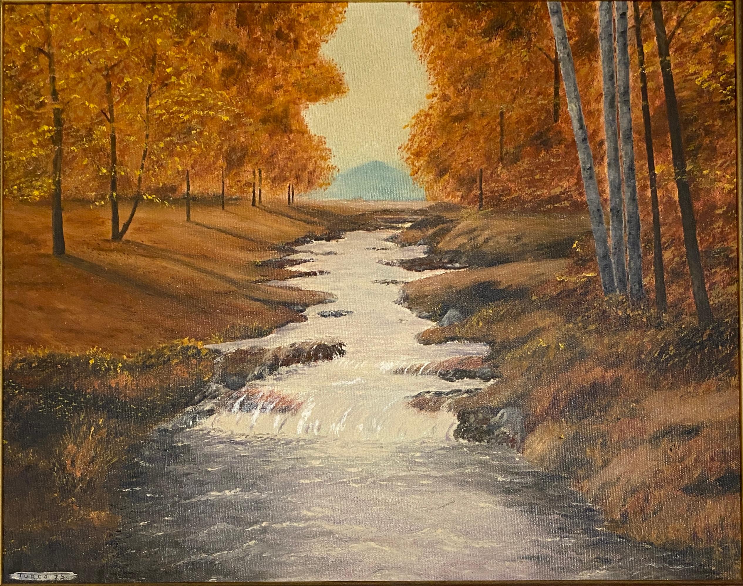 Peinture à l'huile d'A. Klosner représentant un paysage de rivière en automne, encadrée Impression du milieu du siècle en vente 1