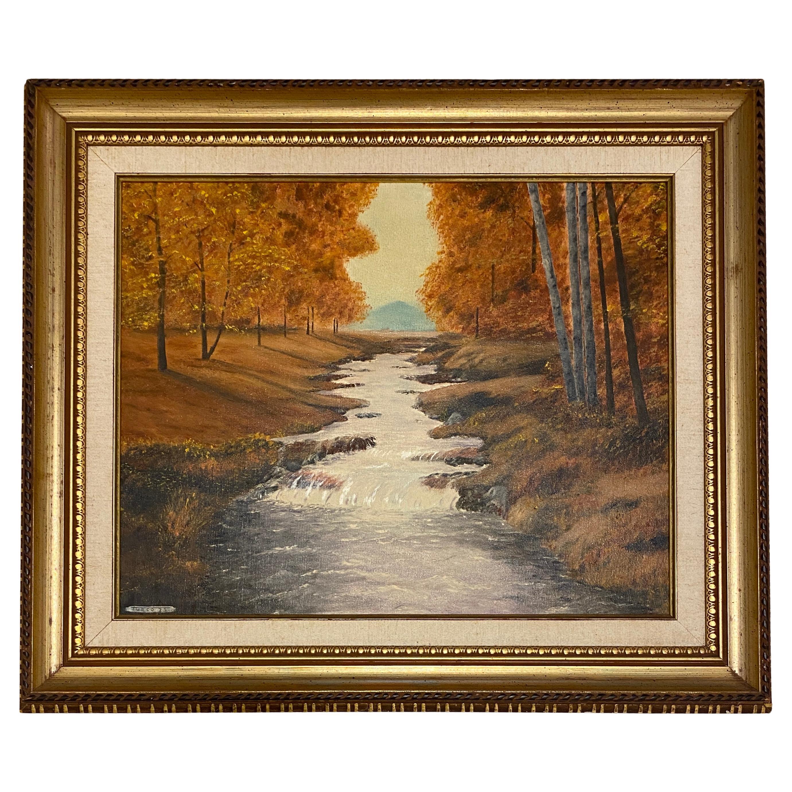 Herbstliche Flusslandschaft Ölgemälde von A. Klosner, gerahmt Mid-Century Impression
