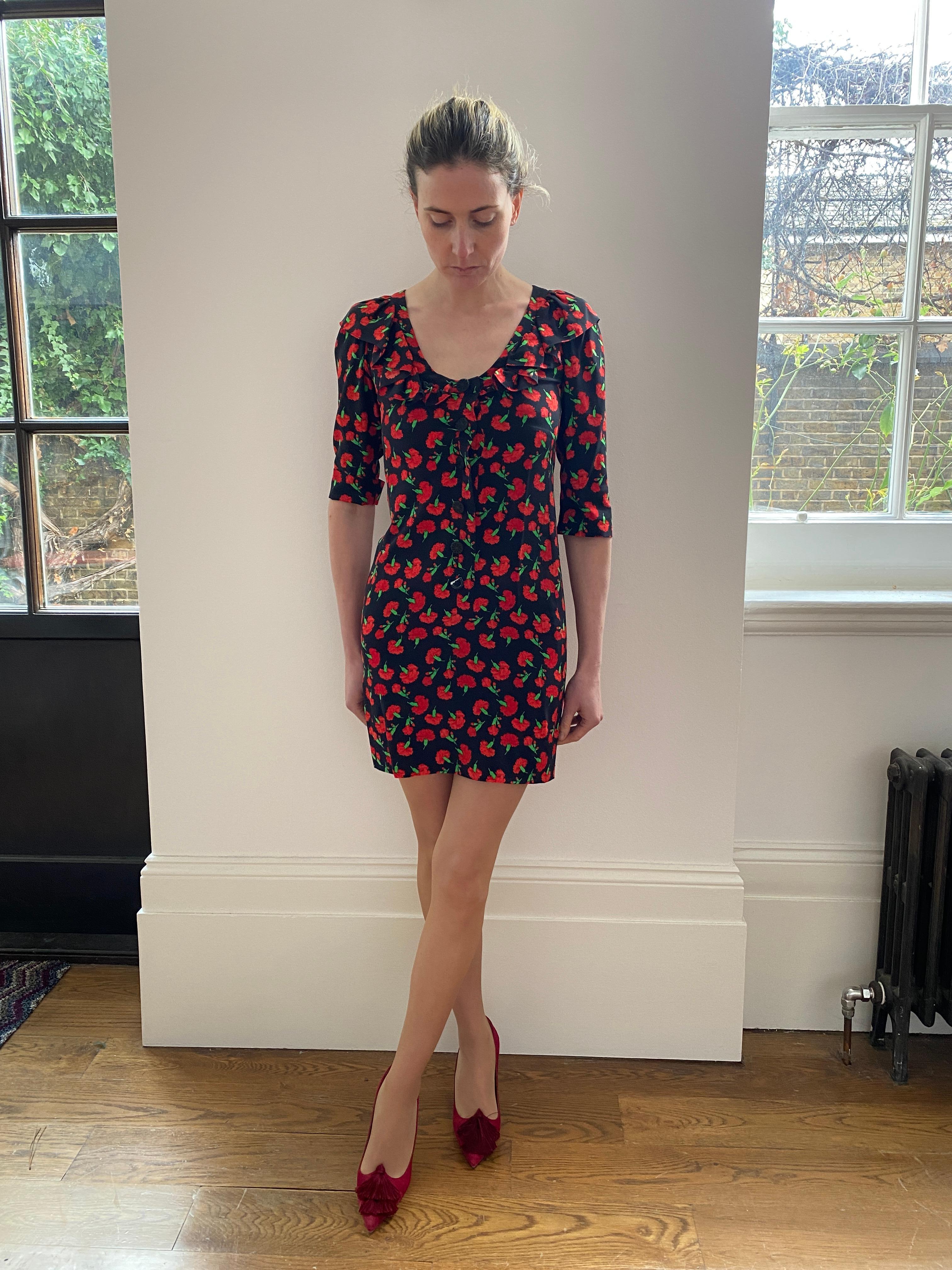 1994 Yves Saint Laurent Red Carnation Print Dress For Sale 2