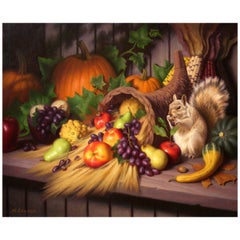 Autumnal Still Life with Squirrel, Original Oil Painting by Michael Chelich