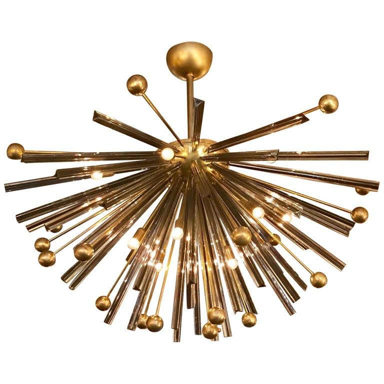 Modern Italian Sputnik chandelier or flush mount with dark brown Murano glass crystals blown into three elegant points using Triedri technique and decorative brass spheres, mounted on brass frame / Designed by Fabio Bergomi for Fabio Ltd / Made in