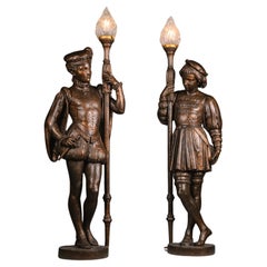 'Aux Pages' - A Pair of Large Cast Iron Figural Torchères, After Mathurin Moreau