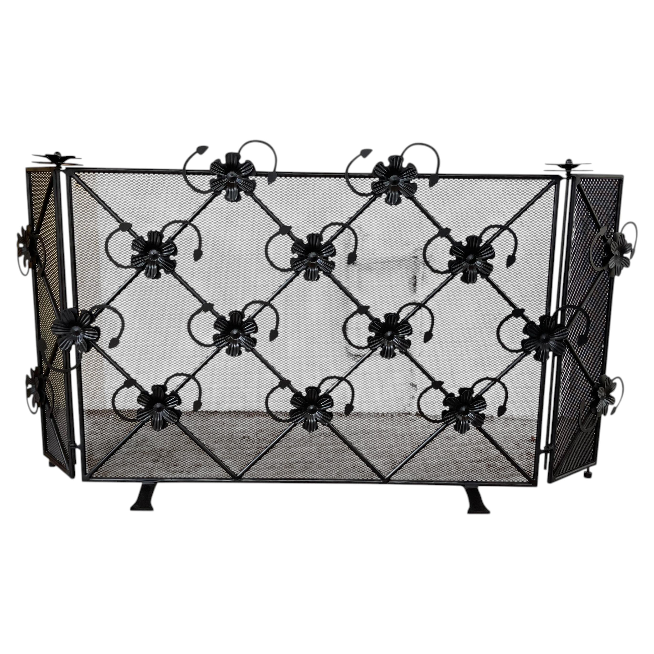 Handcrafted Iron Fireplace Screen with Floral Design, 21st Century