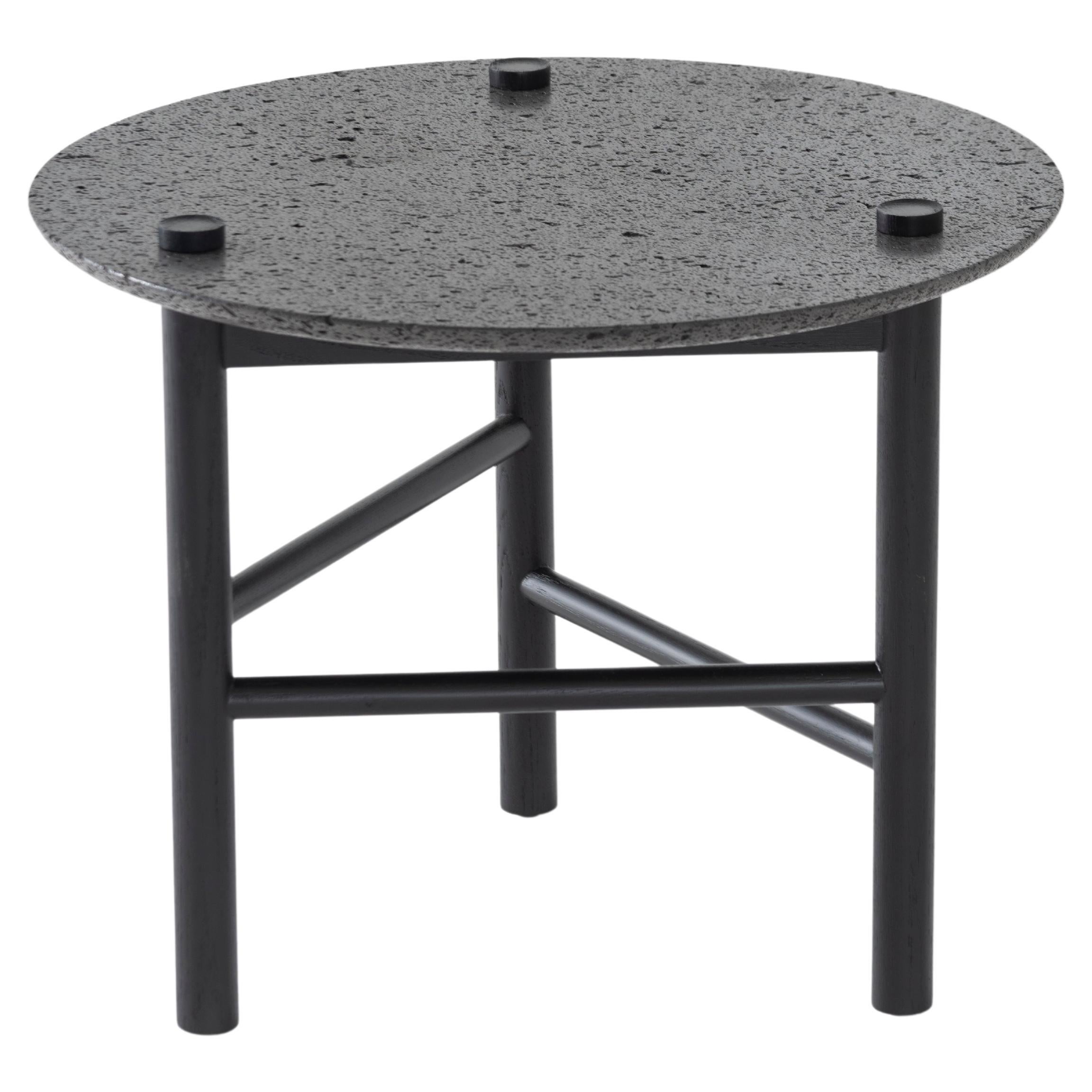 Auxiliar Table, Black Oak and Hand Carved Lava Stone Top For Sale
