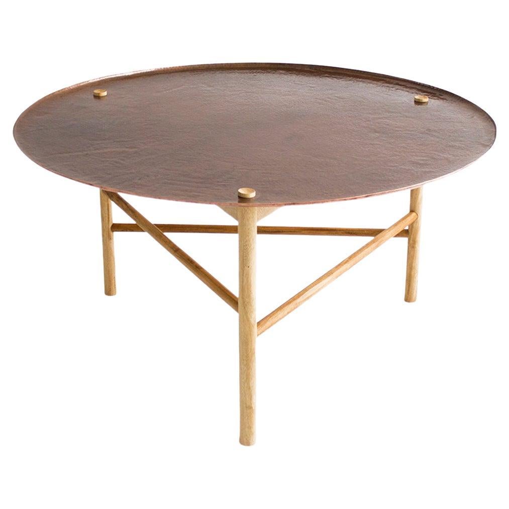 Auxiliar Table, Oak Structure and Hand-Hammered Copper Top For Sale