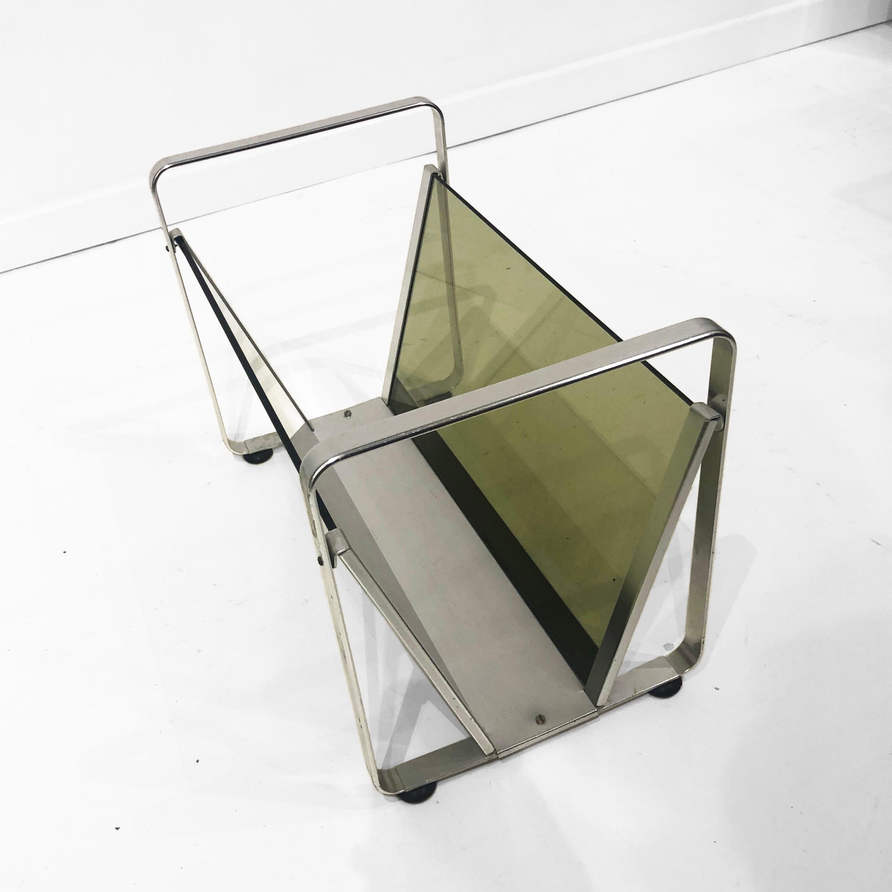 Av Handwerk Space Age Magazine Rack or Vinyl Records Smoked Green Glass Chrome In Good Condition For Sale In London, GB