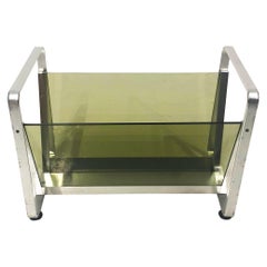 Av Handwerk Space Age Magazine Rack or Vinyl Records Smoked Green Glass Chrome