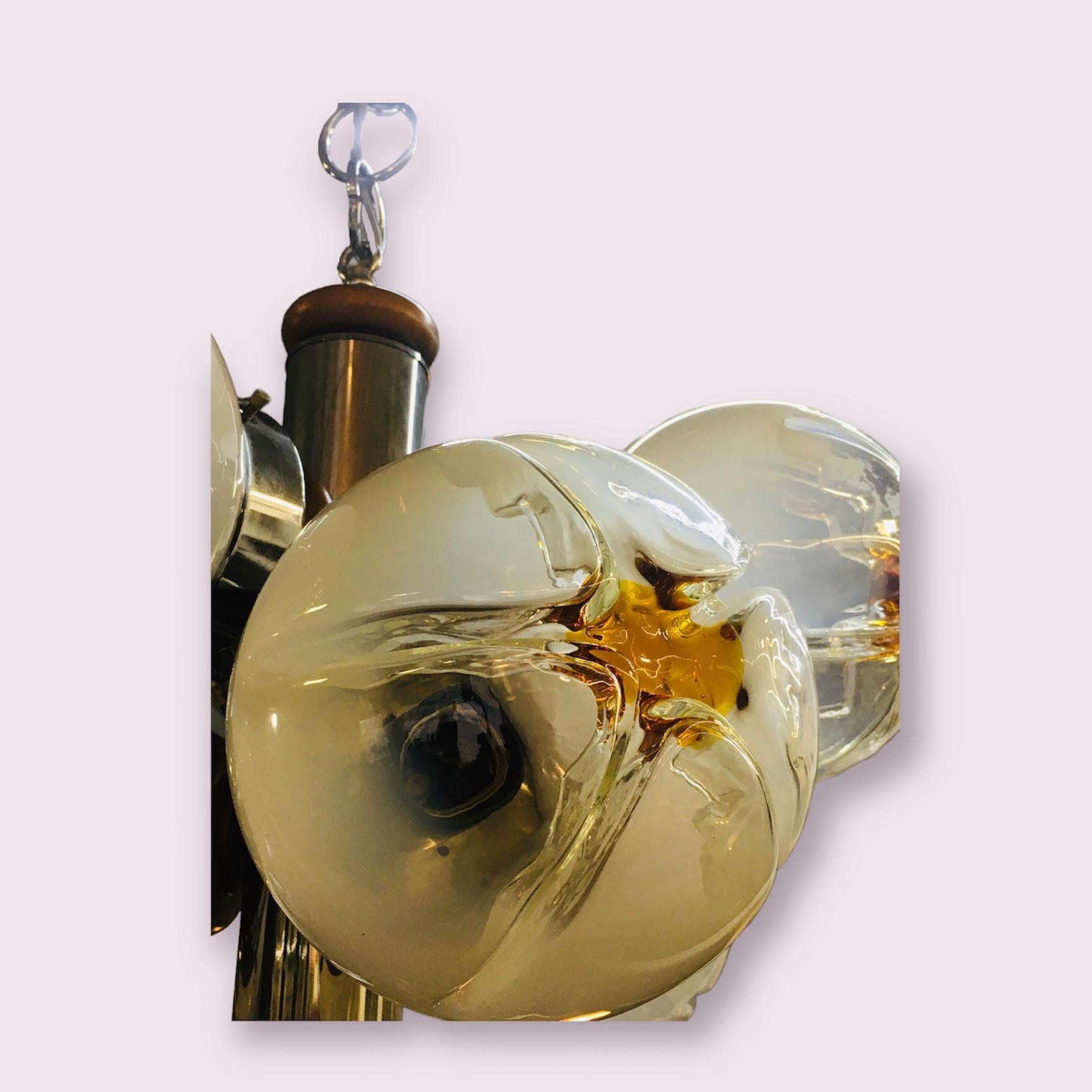 Italian AV Mazzega Murano Glass Pendant Light with 5 Glass Bubble Light Shades 1970s For Sale