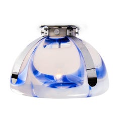 1970 Italy Mazzega Tulip Table Lamp & Flush Mount Blue Murano Glass & Chrome