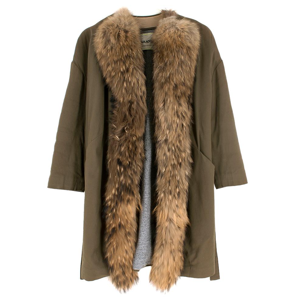 Brown Ava Adore Khaki Belted Raccoon Fur Trim Coat	SIZE 42