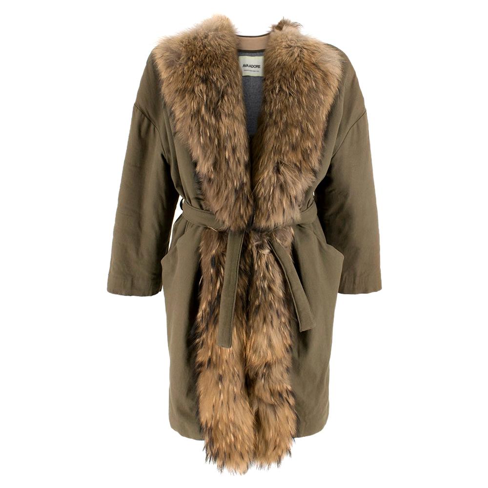 Ava Adore Khaki Belted Raccoon Fur Trim Coat	SIZE 42
