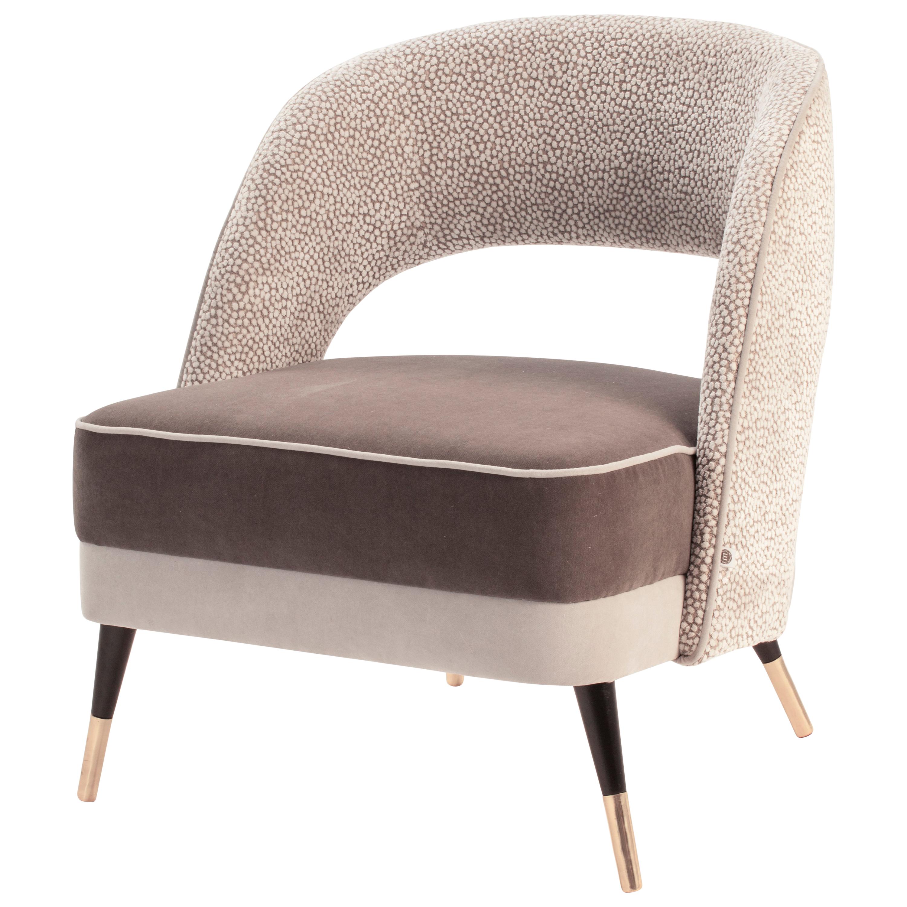 Ava Armchair Brass Fittings Soft Marrom Seat and Textured Beige Backrest For Sale