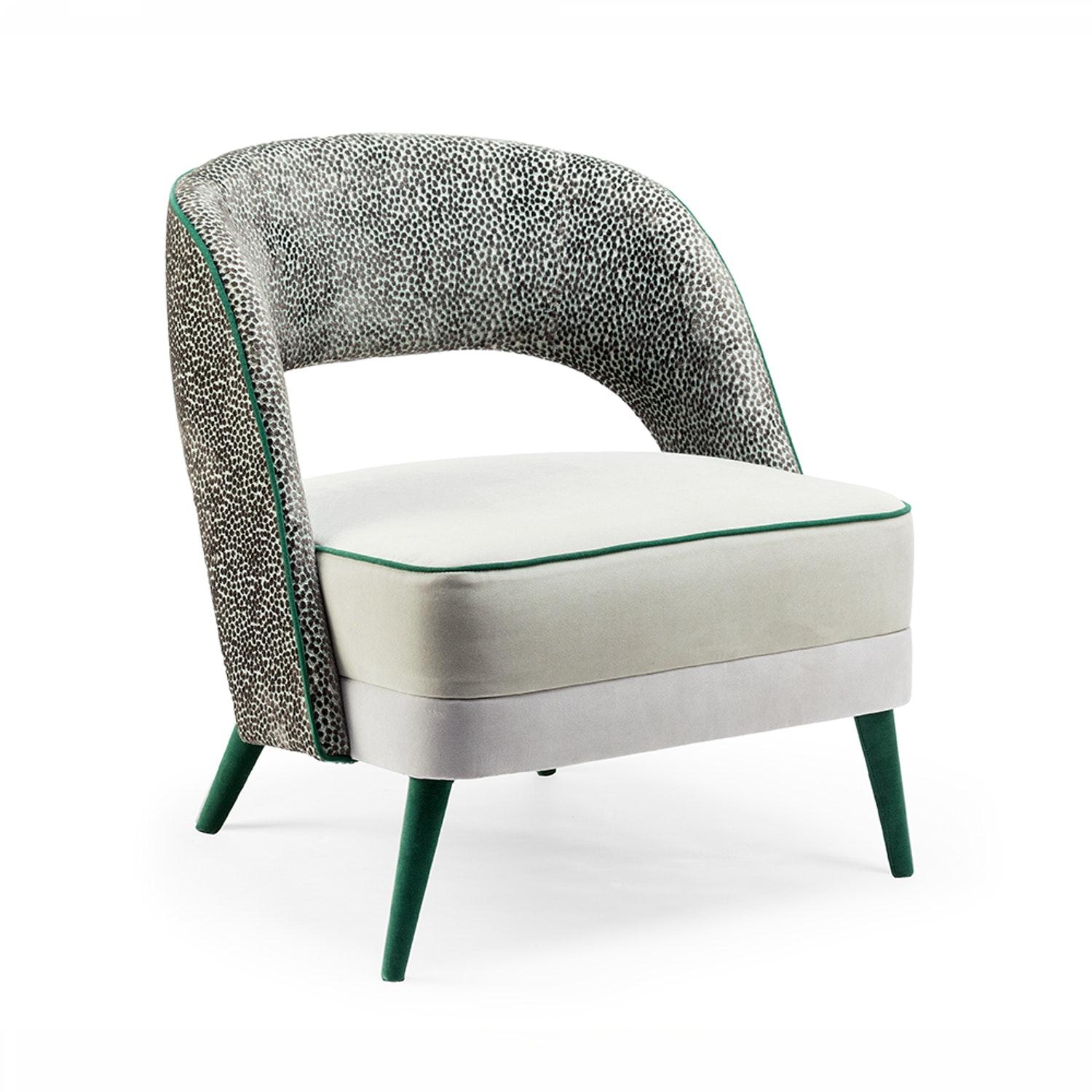 Lacquered Ava Armchair Soft Green Seat and Patterned Olive Green Backrest For Sale