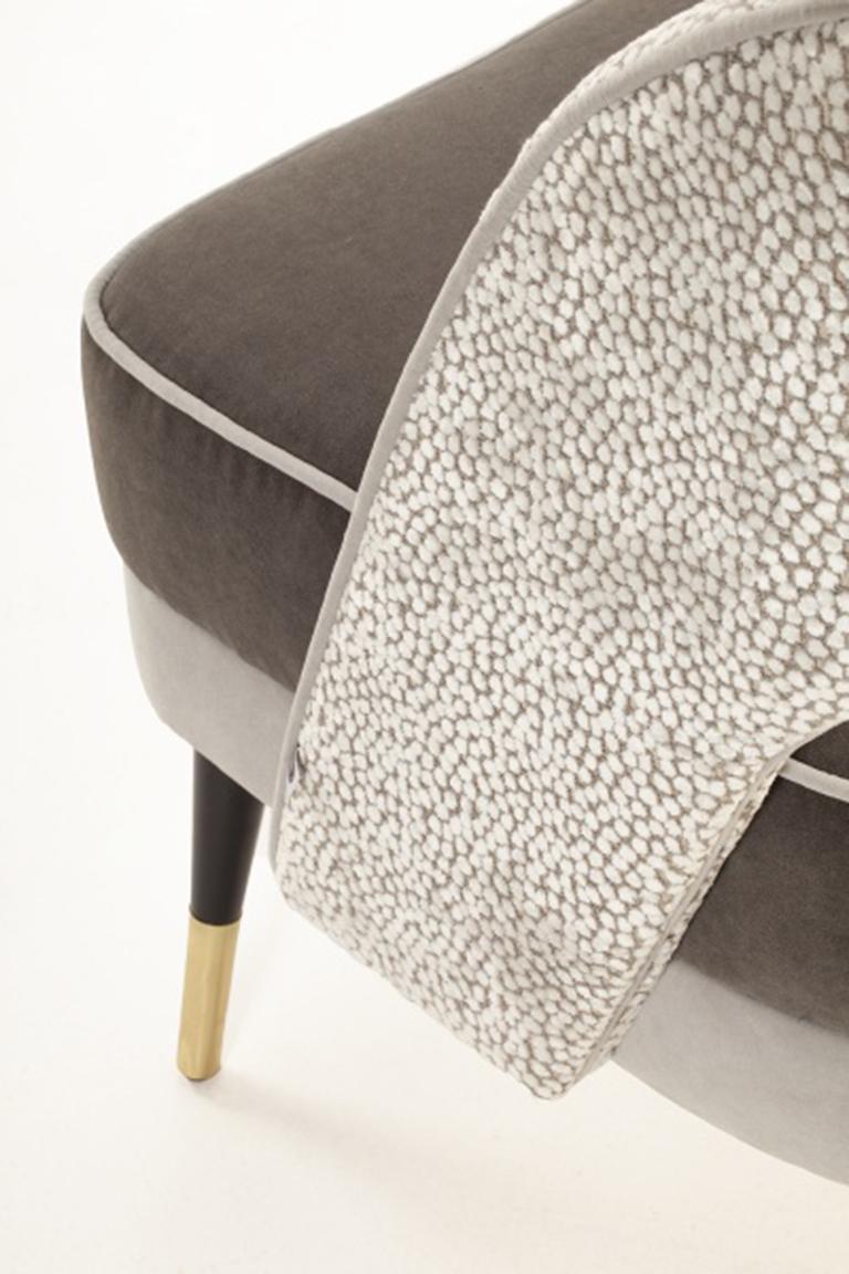 Lacquered Ava Armchair Upholstery Feet Soft Beige Seat and Textured Fabric Backrest For Sale