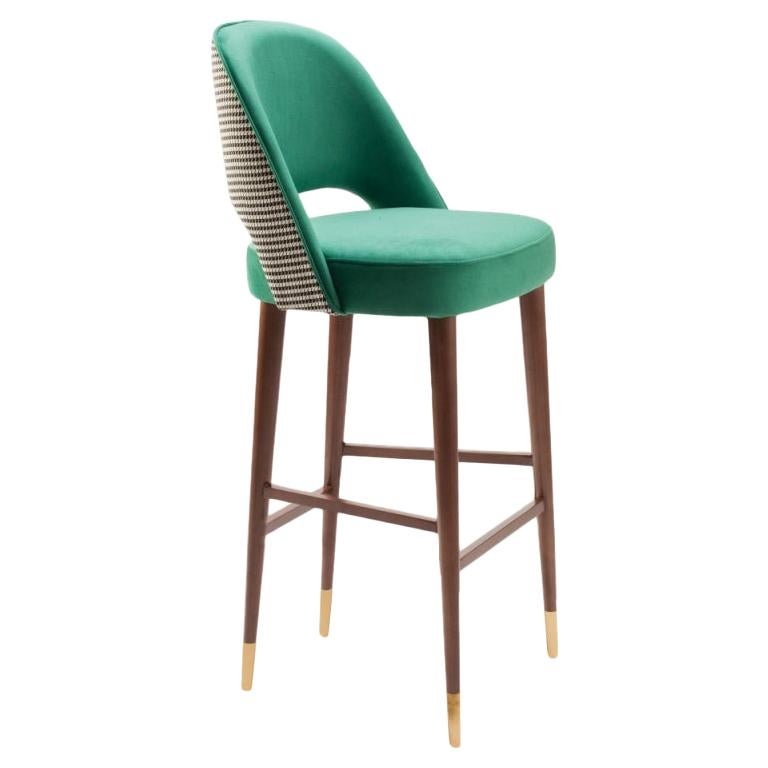 Tabouret de bar Ava en laiton avec dossier et assise vert émeraude