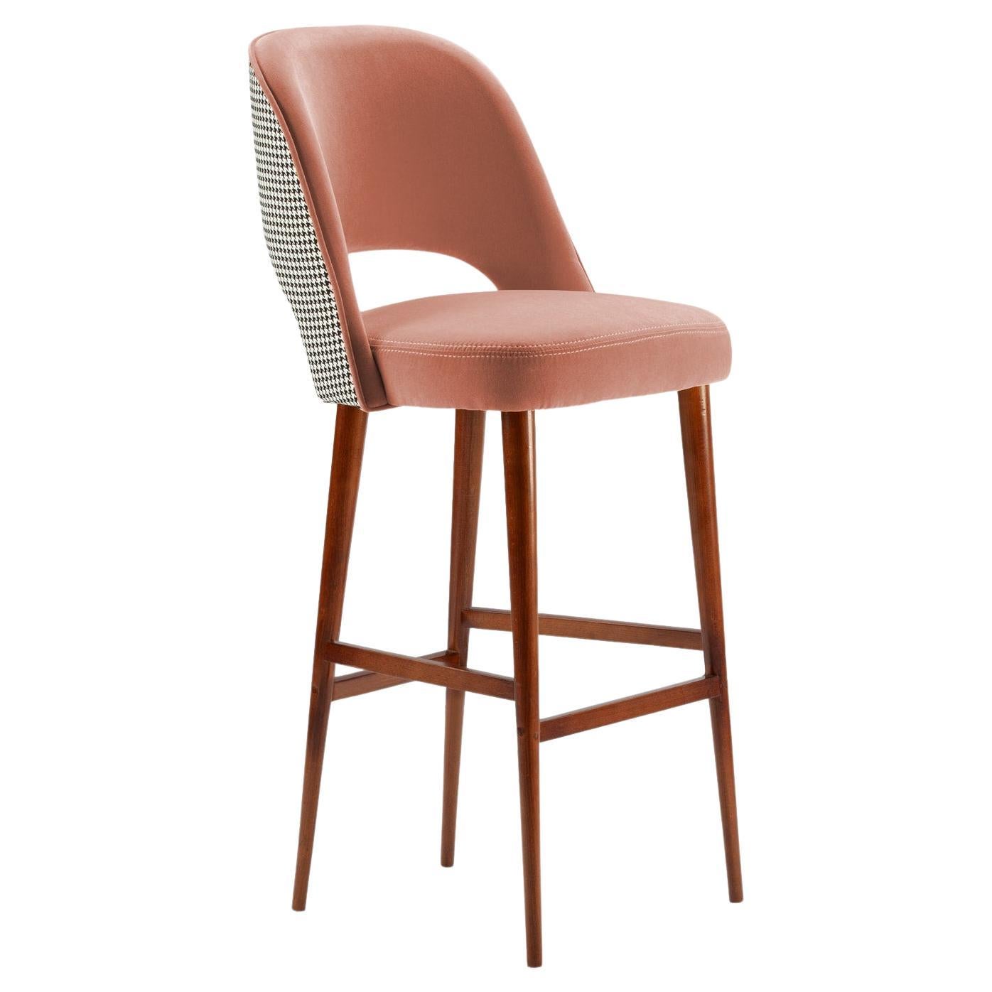 Ava Bar Stool with Soft Salmon Backrest and Seat with Pied de Poule Back For Sale