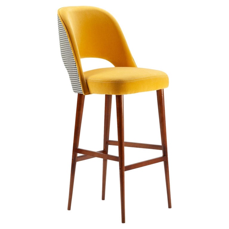 Ava Bar Stool with Soft Salmon Backrest and Seat with Pied de Poule Back  For Sale at 1stDibs