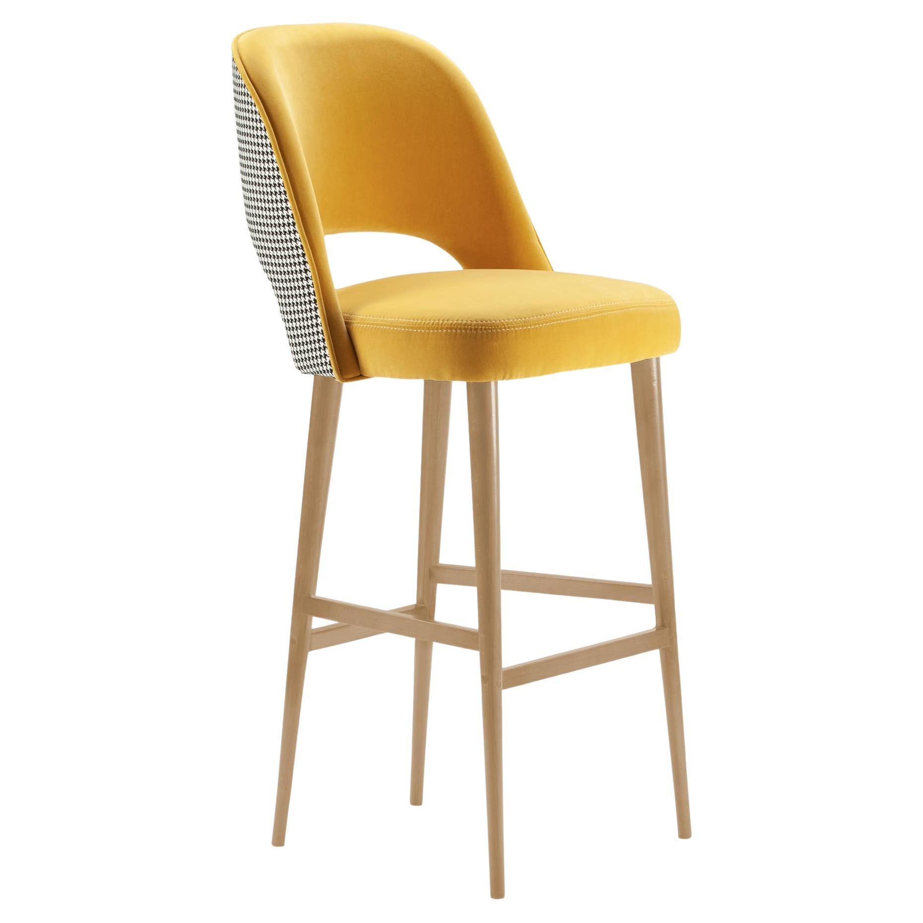 Ava Bar Stool with Soft Yellow Backrest and Seat with Pied de Poule Back For Sale