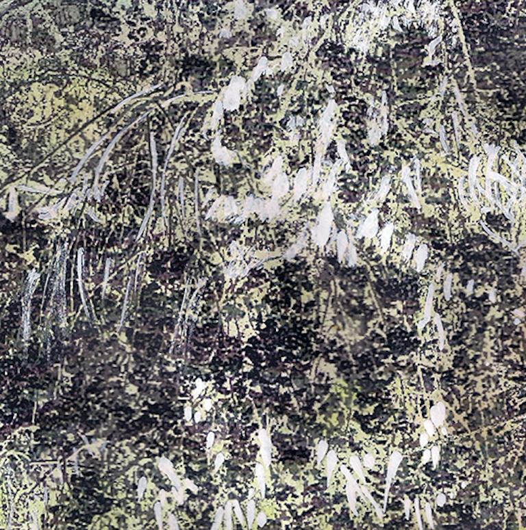 Kirschbaum in Schwarz-Weiß: Originalgemälde auf Fotografie, abstrakte Landschaft (Abstrakt), Painting, von Ava Blitz