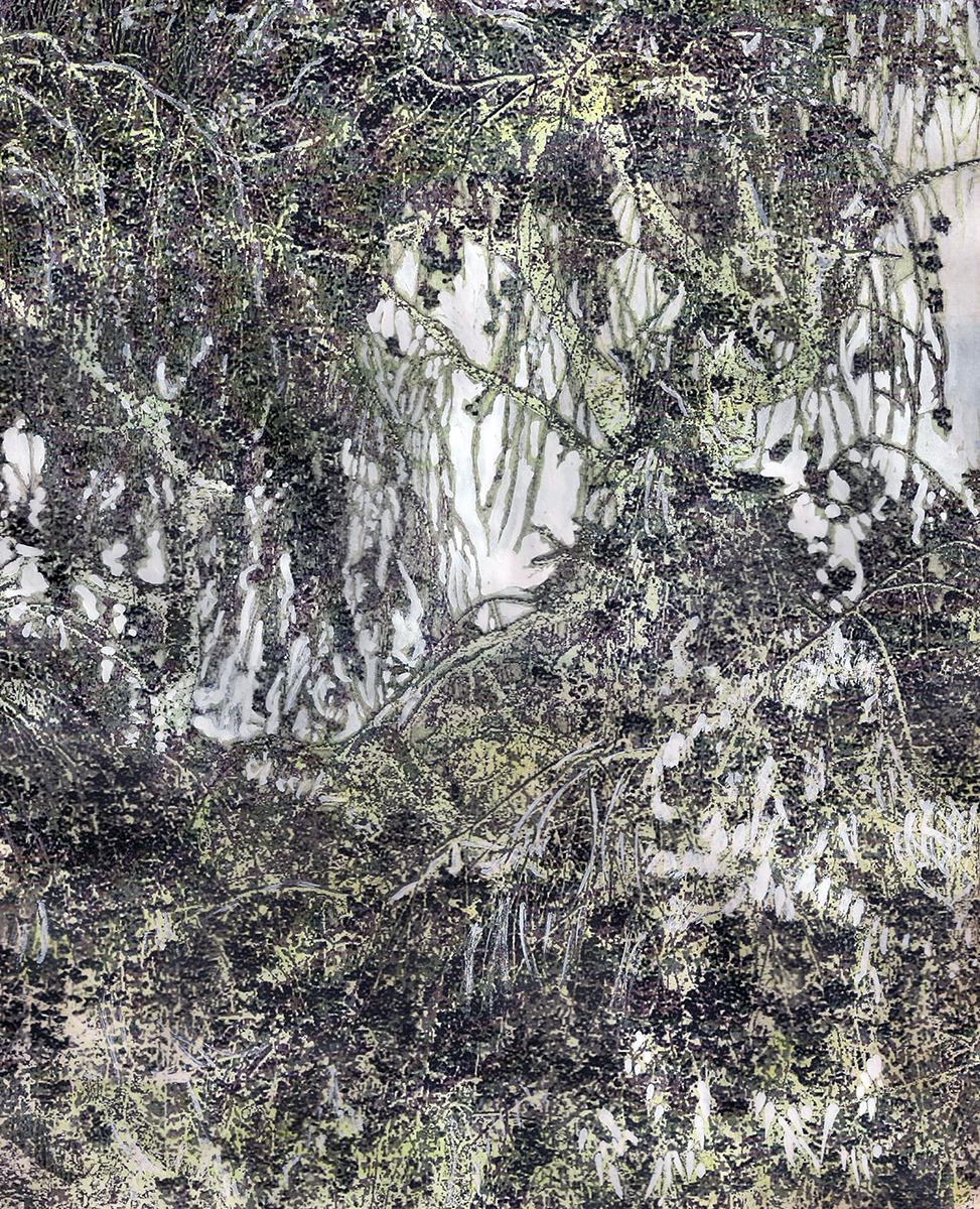 Ava Blitz Landscape Painting – Kirschbaum in Schwarz-Weiß: Originalgemälde auf Fotografie, abstrakte Landschaft