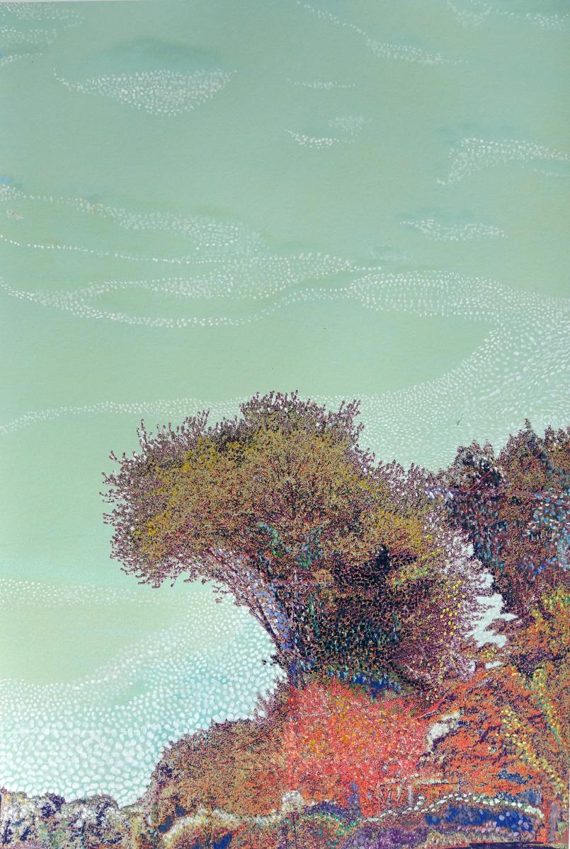 Baumwelle Orange & Grün: abstraktes Gemälde auf Farbe, Landschaftsfotografie