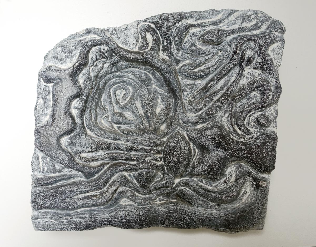 Ava Blitz Figurative Sculpture - Swimming in Black and White: painted abstract relief sculpture for wall or shelf