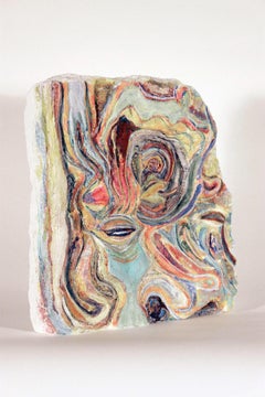 Swimming in Color: painted abstract relief sculpture w/ water, for wall or shelf