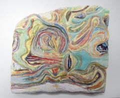 Swimming in Color: painted abstract relief sculpture w/ water, for wall or shelf