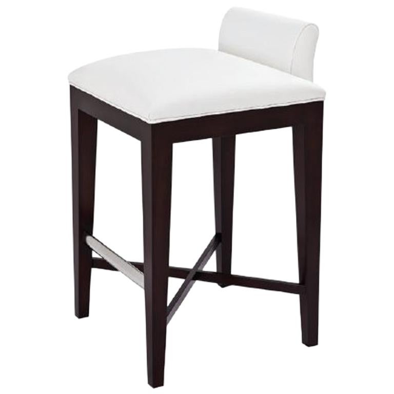 Ava Counter Stool in White Leather with Dark Wood Finish by Powell & Bonnell For Sale