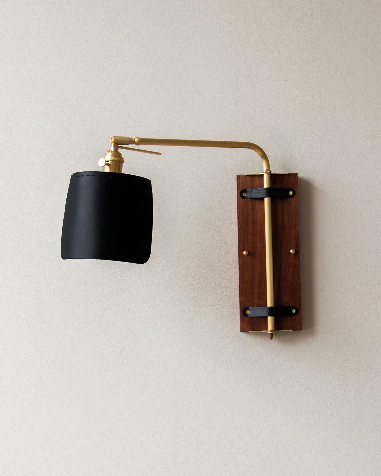 Black Leather Modern Brass and Walnut Ava Sconce, Hardwired In New Condition For Sale In Philadelphia, PA