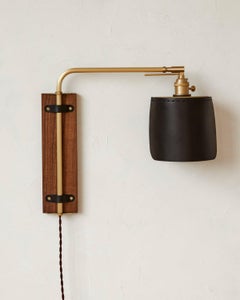 Modern Brass + Walnut Ava Sconce in Black Leather, Plug in