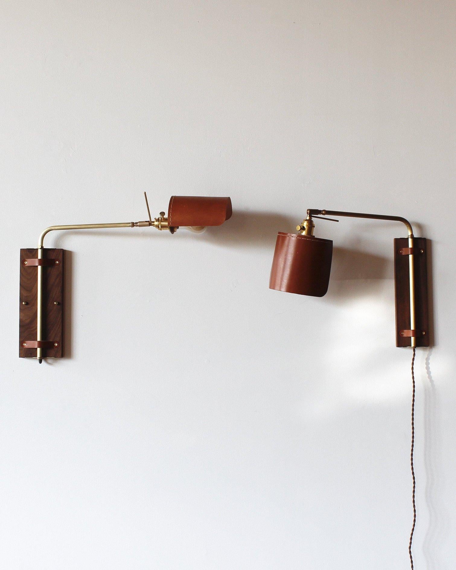 Tan Leather Modern Brass and Walnut Ava Sconce, Hardwired In New Condition For Sale In Philadelphia, PA