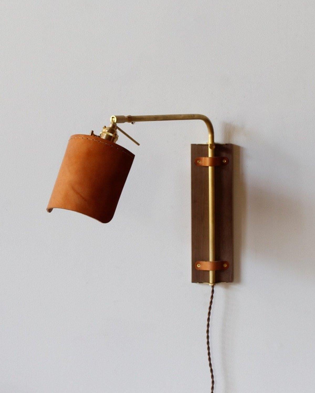 Modern Brass + Walnut Ava Sconce in Tan Leather, Plug in In New Condition For Sale In Philadelphia, PA