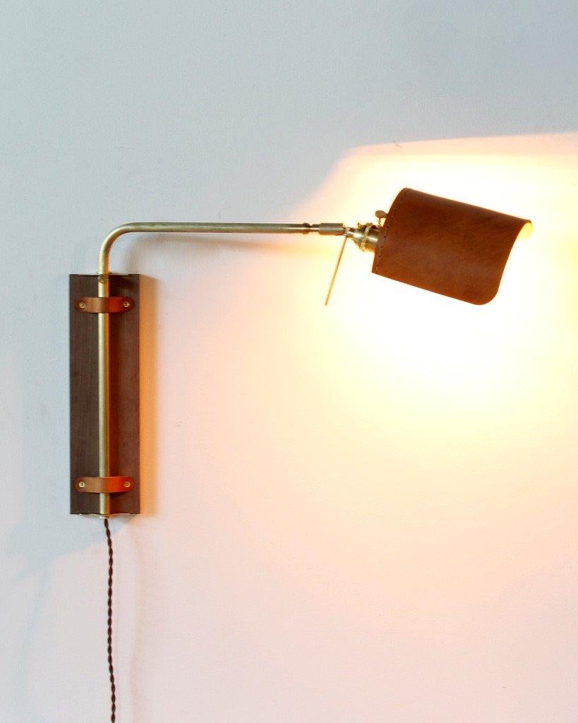 Modern Brass + Walnut Ava Sconce in Tan Leather, Plug in For Sale 1