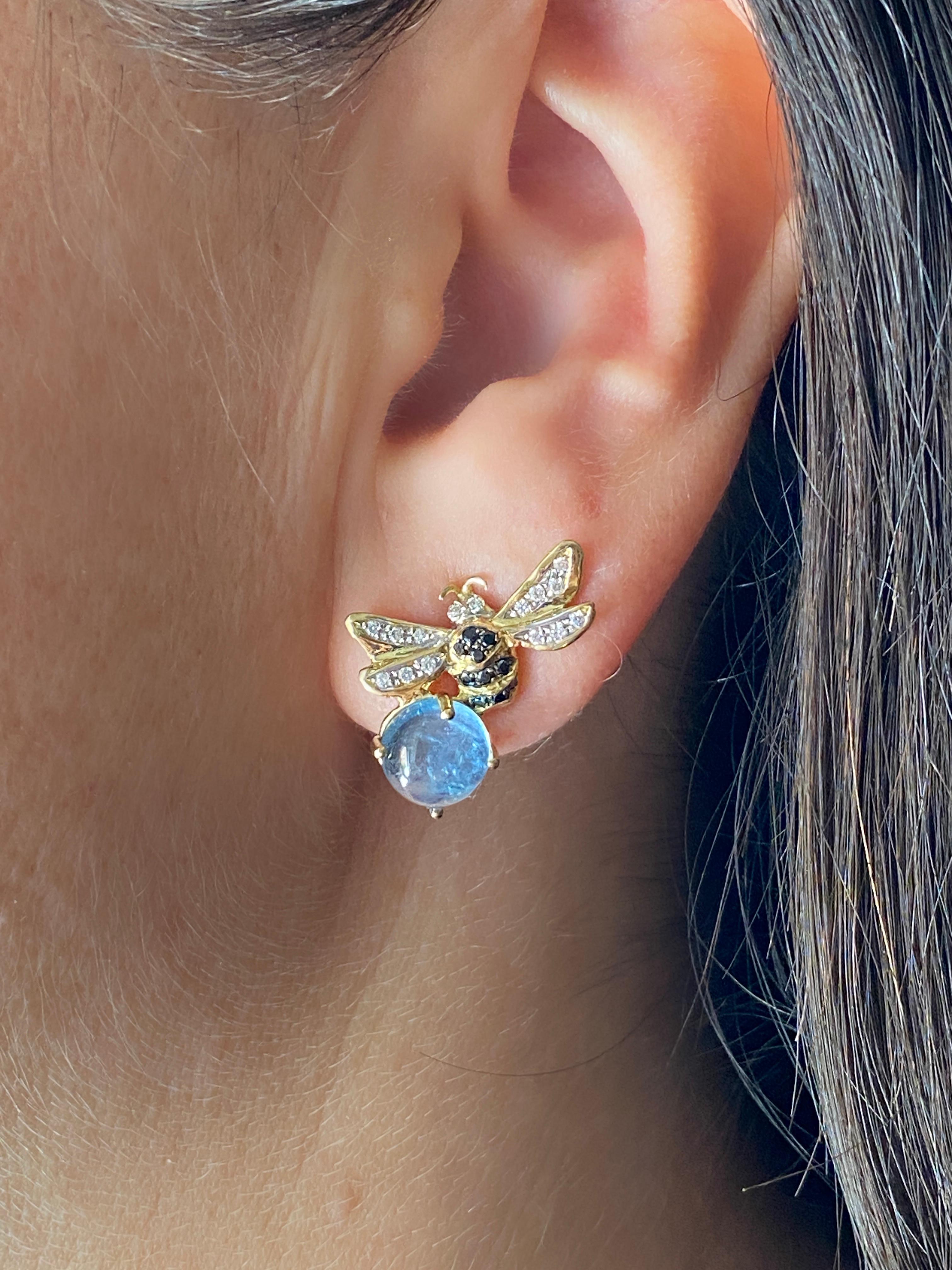 Art Deco Available Now Rossella Ugolini 18K Gold Aquamarine Diamonds Stud Bee Earrings For Sale