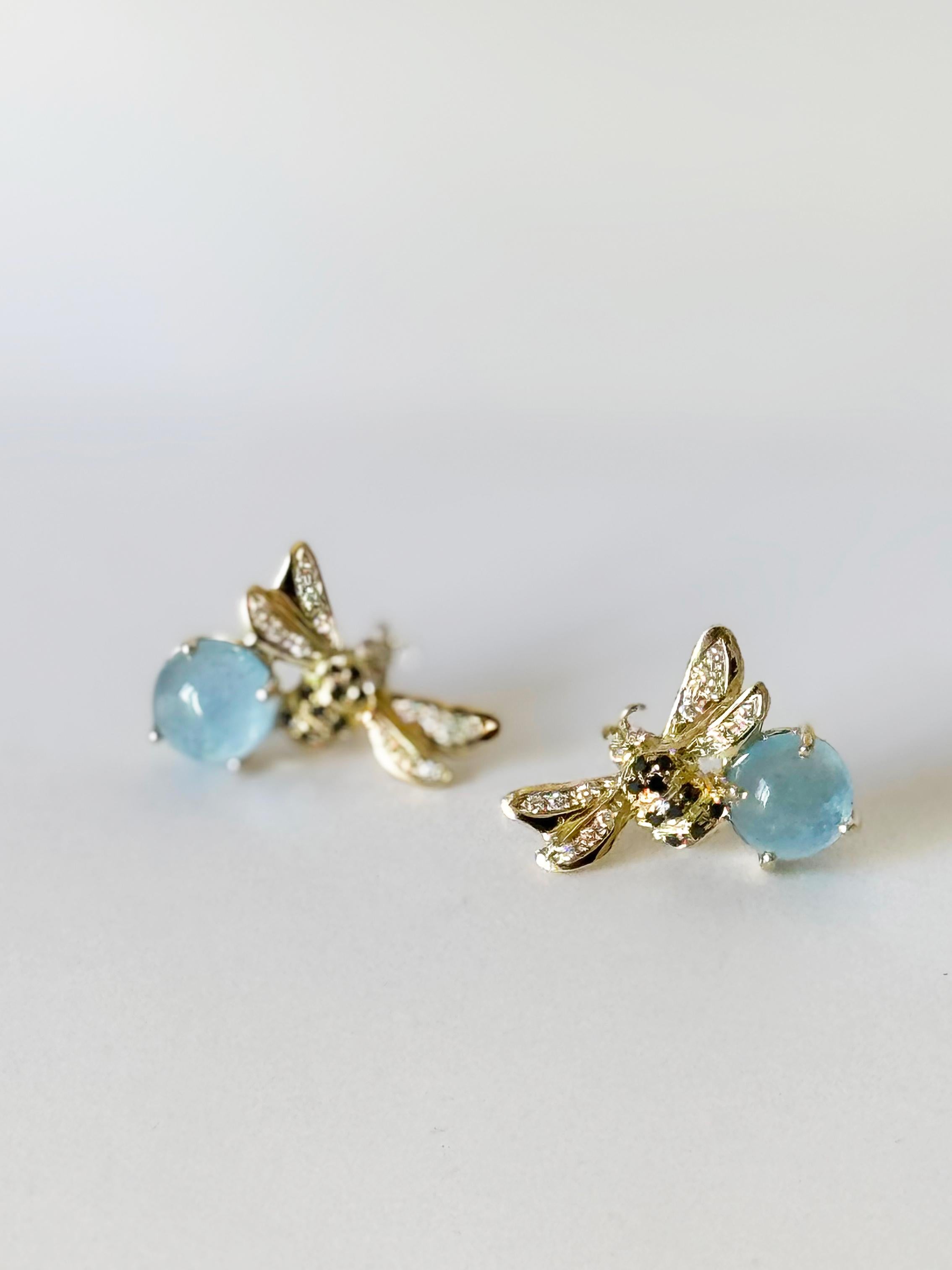 Available Now Rossella Ugolini 18K Gold Aquamarine Diamonds Stud Bee Earrings For Sale 2