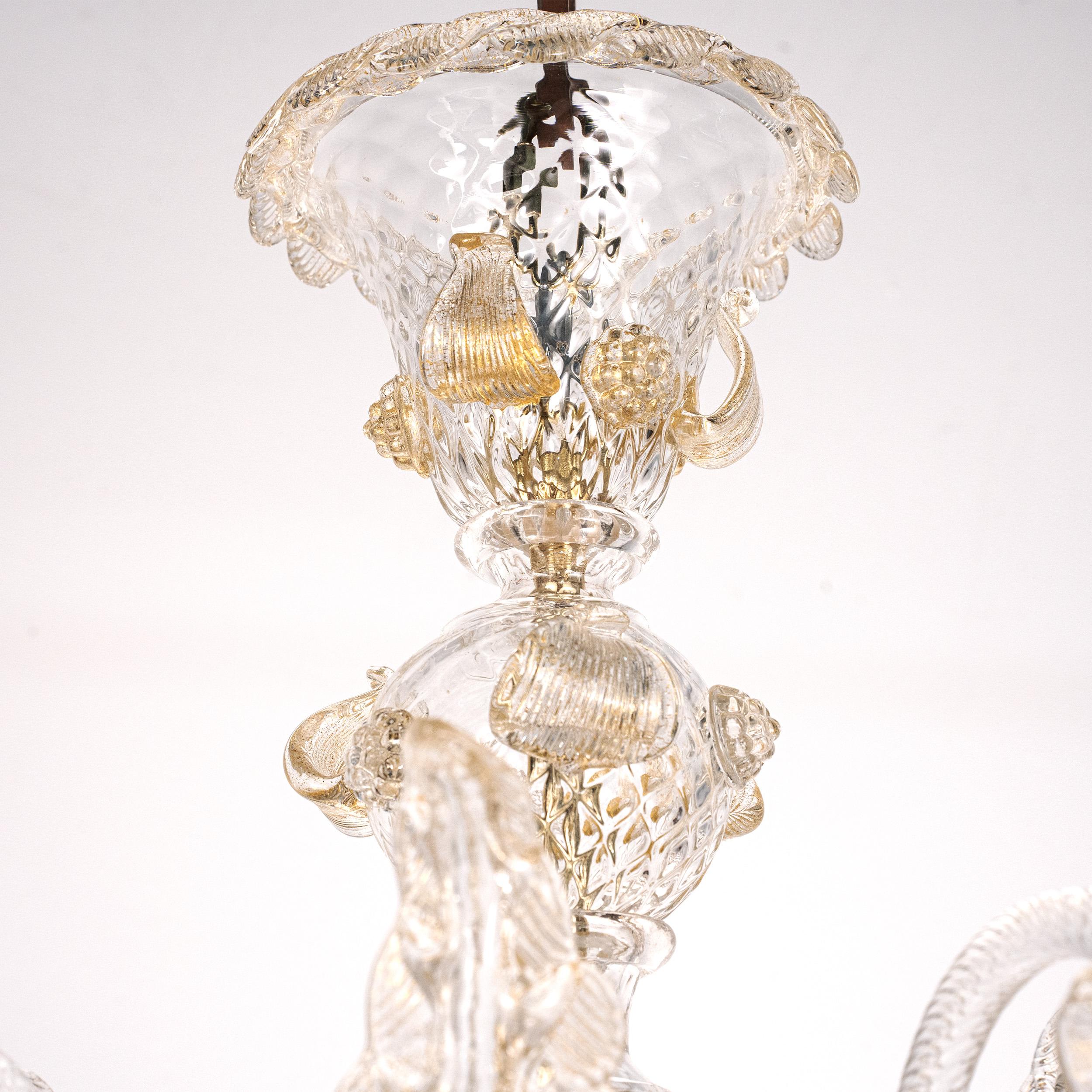 Italiano Disponibile ora Lampadario di Murano - 6 bracci, vetro trasparente e oro, Italia in vendita