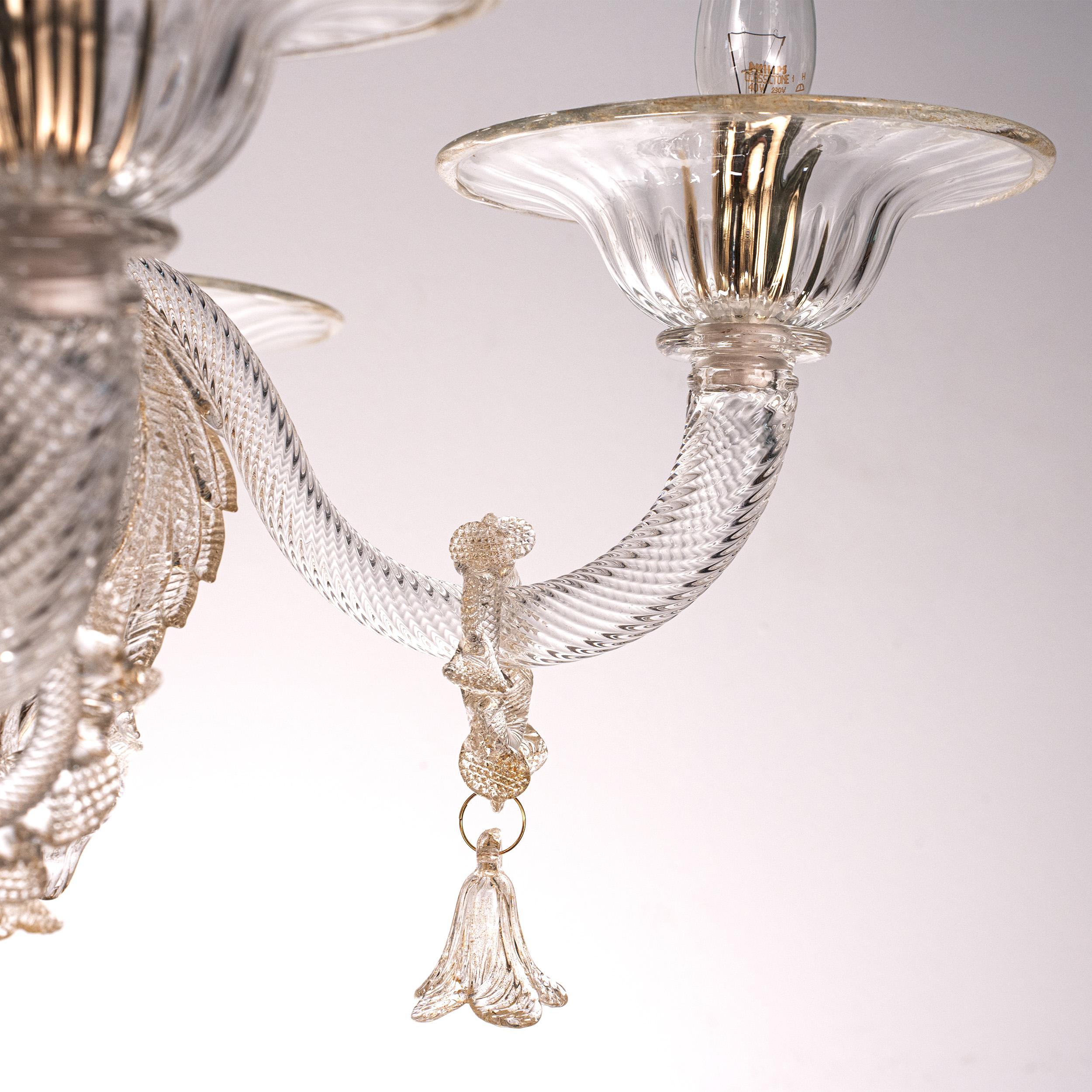 XX secolo Disponibile ora Lampadario di Murano - 6 bracci, vetro trasparente e oro, Italia in vendita